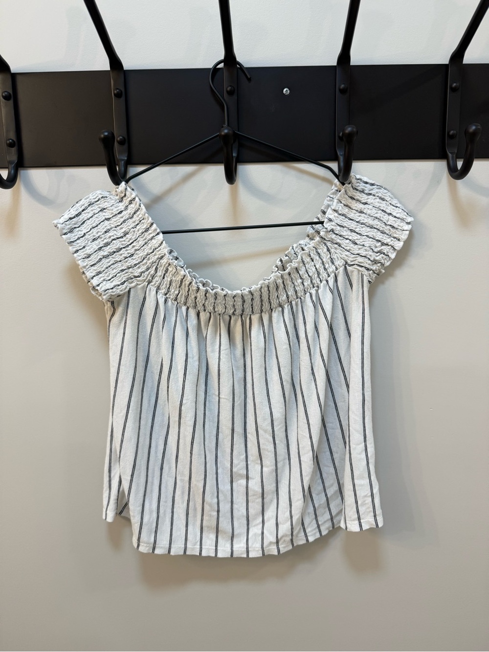 American Eagle Outfitters White & Black Striped Off-Shoulder Smocked Top